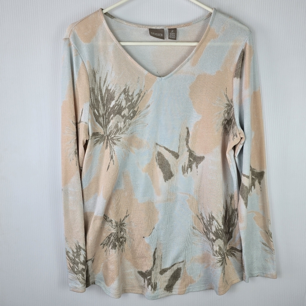 Chico's Womens Pullover Muted FloralKnit  V-Neck Sweater LongSleeve Peach/Turq 2